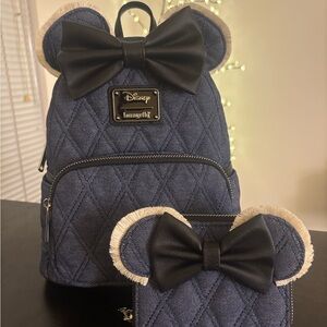 Disney Quilted Backpack and Wallet Set with Black Bow